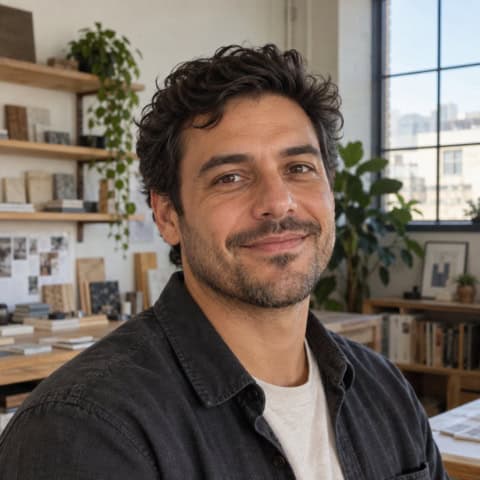 Smiling man with dark curly hair and beard in a modern office setting.