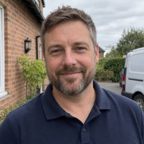 Smiling man with short brown hair and beard outdoors in front of a brick house and greenery.