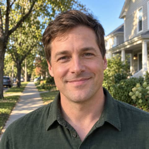 Smiling man outdoors in a residential neighborhood with trees and houses.