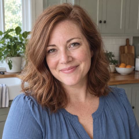 Red-haired woman smiling in a kitchen with natural light and modern decor.