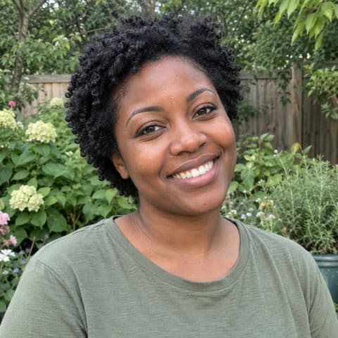 Smiling woman with natural hair outdoors in a garden setting.